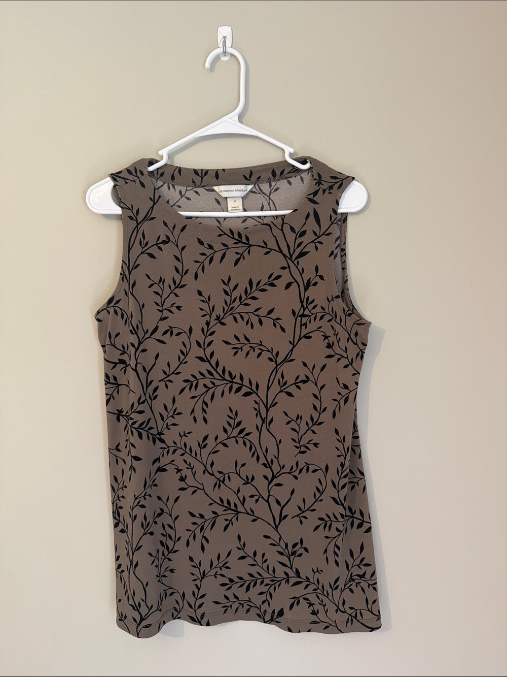Christopher & Banks Brown Sleeveless Shell with Black Leaf Print